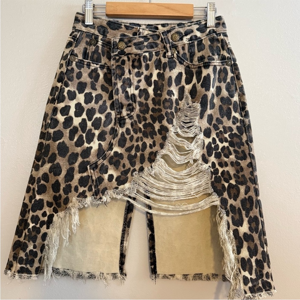 R13 Brown Leopard-Print Distressed Midi Skirt - Picture 3 of 12